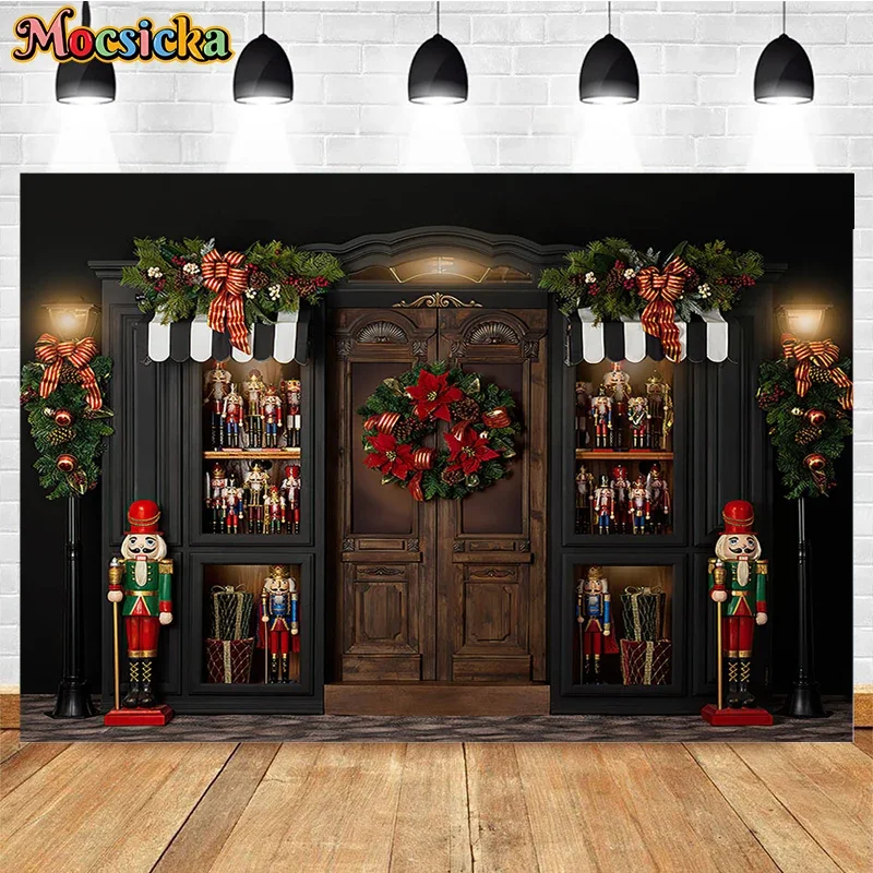 

Mocsicka Christmas Photography Background Winter Toy Store Street Lamp Wreath Kids Portrait Party Backdrops Photo Studio