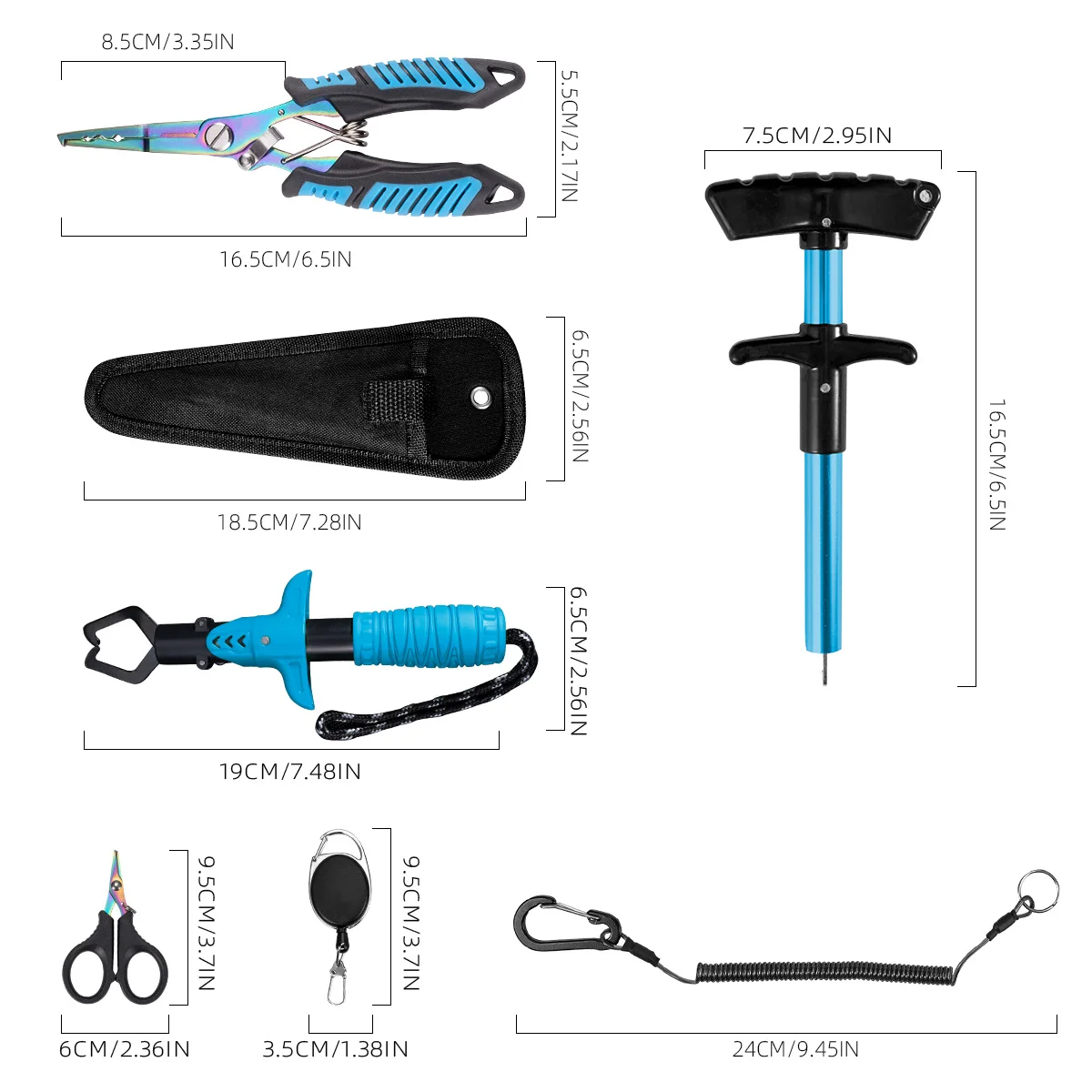مجموعة أدوات صيد مكونة من 7 قطع، كماشة صيد احترافية طويلة الأنف، مقص قطع خط مضفر مقاوم للمياه المالحة