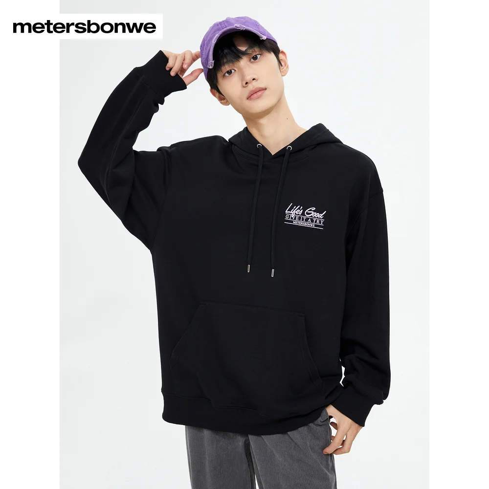 

Metersbonwe-Men's Front and Back Embroidery Classic Hoodie Loose Hooded Knitted Pullover Bright Young Casual Spring Autumn