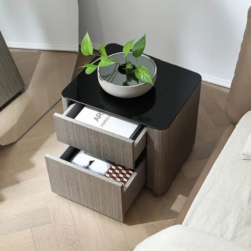 طاولة بجانب السرير من الخشب الصلب الإيطالي البسيط من الزجاج المقسى، طاولة بجانب السرير لغرفة النوم الإبداعية ما بعد الحداثة #3