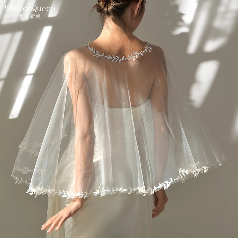

Свадебная кружевная накидка для женщин, белая, короткая, с круглым вырезом, простая сетчатая маленькая накидка, аксессуары для свадебного платья