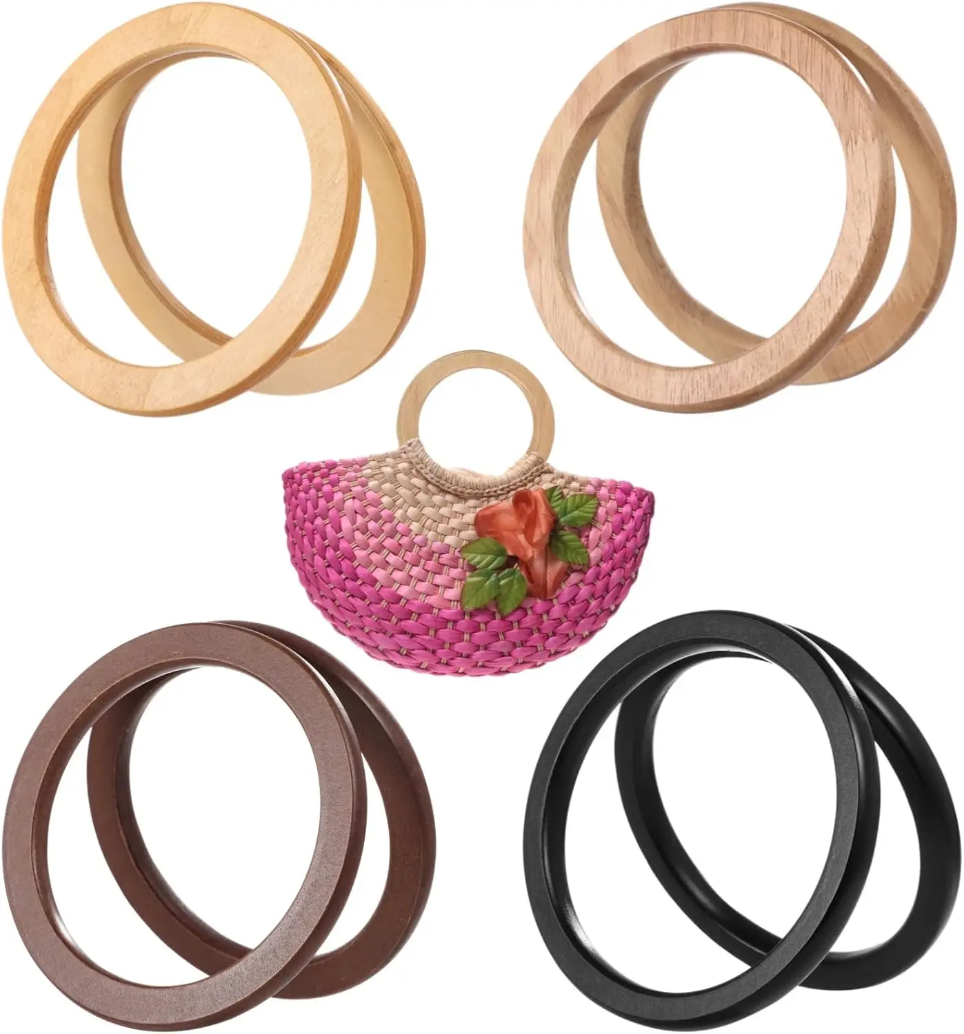 8 PSC Wooden Round Bag Handles, 4 Color Purse Handle, Wood Decorative Handbag Handle, Replacement for Crochet Straw Beach Bags