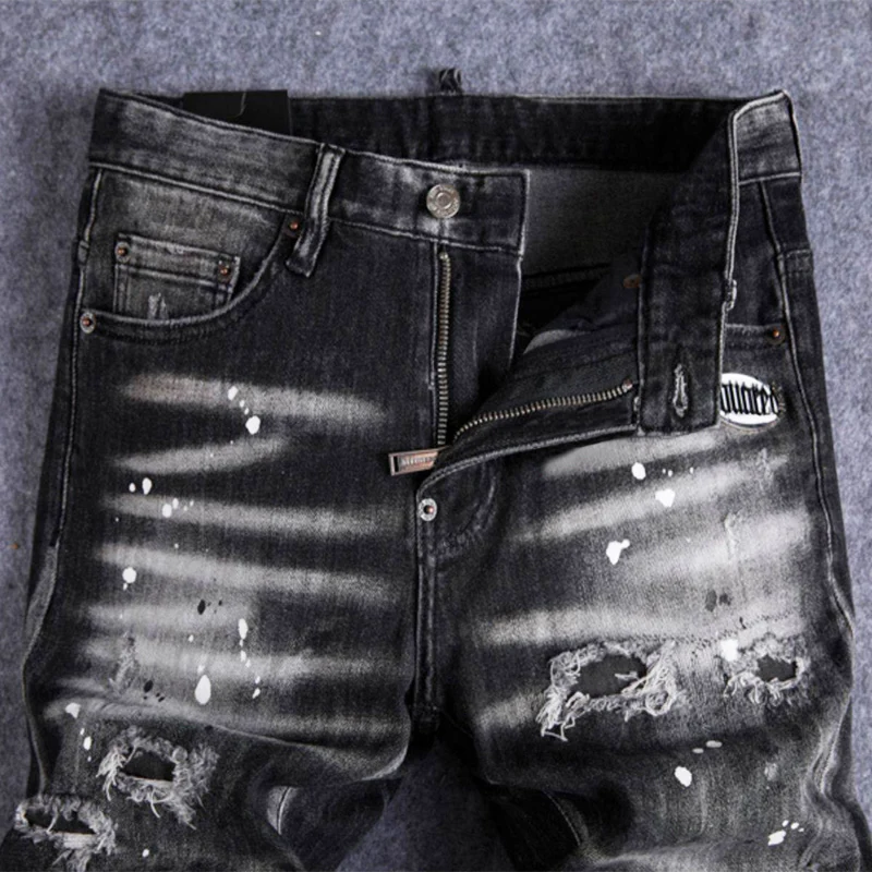 

Джинсы мужские дизайнерские High Street, ретро, черно-серые, стрейч, облегающие, с рваными элементами и принтом, в стиле Y2K, брендовые, хип-хоп, джинсовые брюки