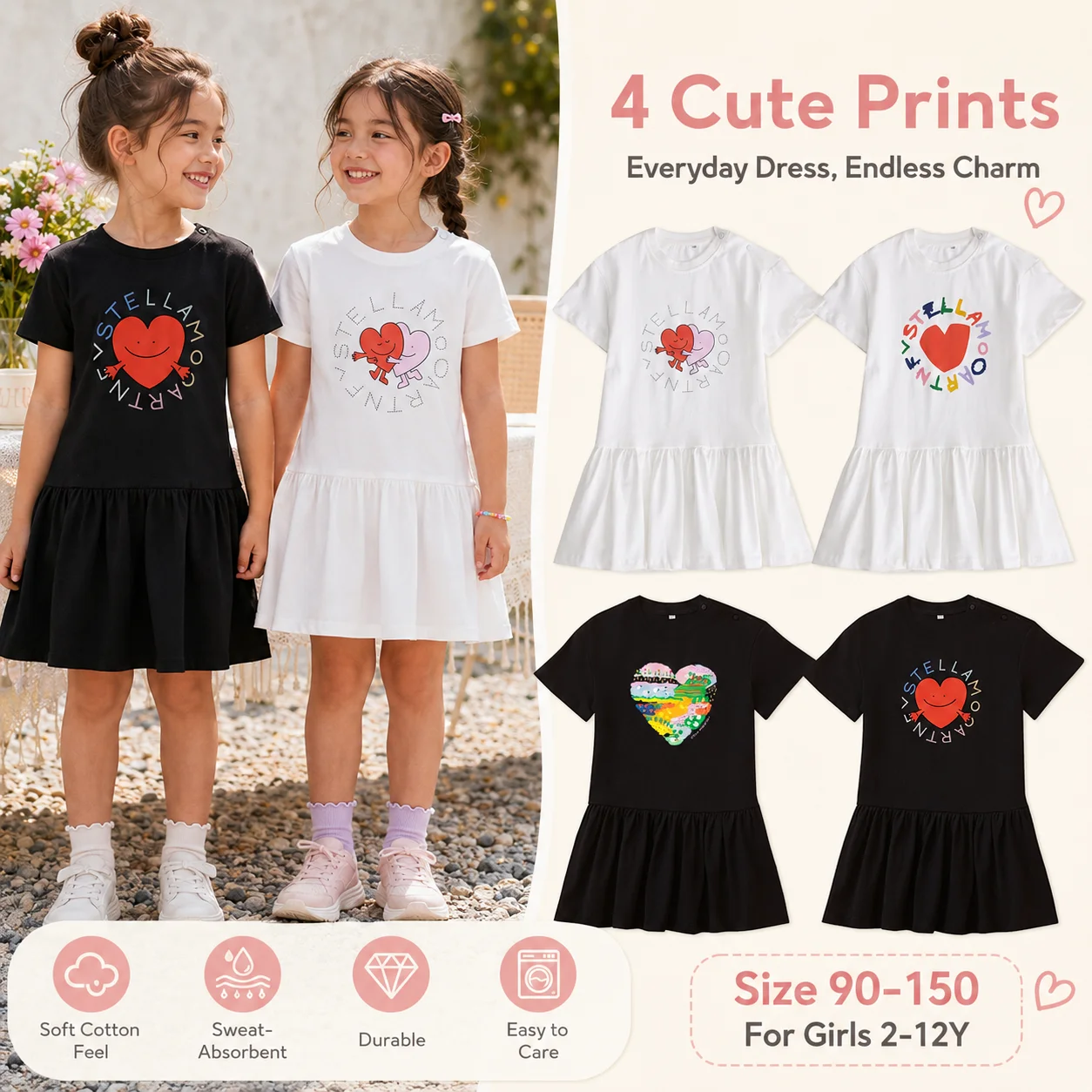 Cute Girls Summer Dress 2026 New Heart letter print short sleeve cotton Kids princess dress vacation casual little girl Dresses