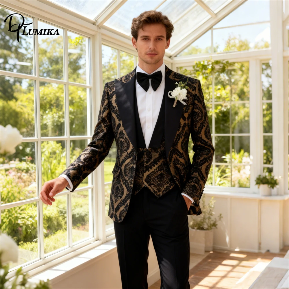

DTLumika Classic Paisley 3-Piece Suit Set for Men, Plus Size Slim Fit Formal Suit Jacket Vest Pants Set Groom Wedding Suits