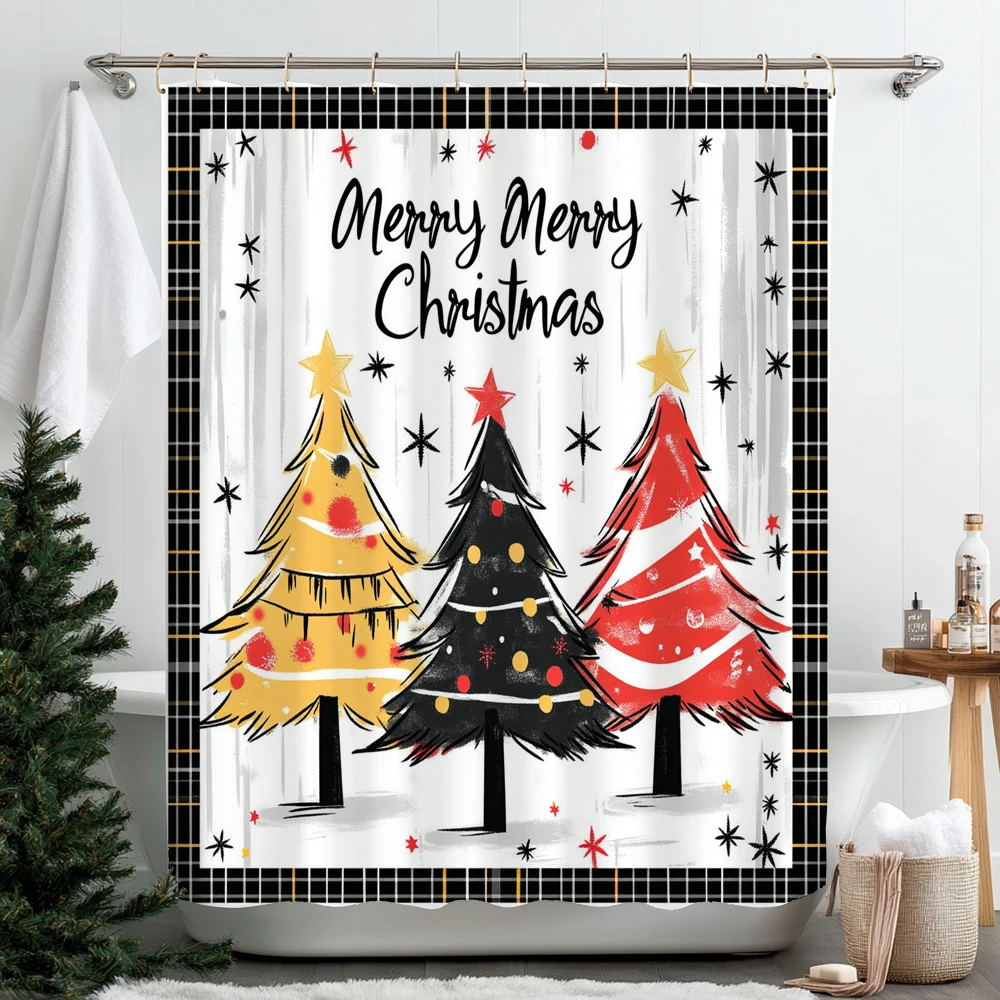 قطعة واحدة من ستارة الحمام المطبوعة بشجرة عيد الميلاد مع خطافات، قماش مطبوع لستارة تزيين عطلة المنزل #4