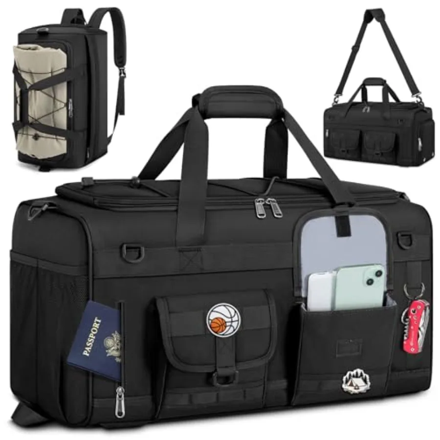 

3 in 1 Gym Bag for Men, 45L Large Sports Duffle Bag with Shoe Compartment and Wet Pocket, Water-Resistant Tactical Backpack Car