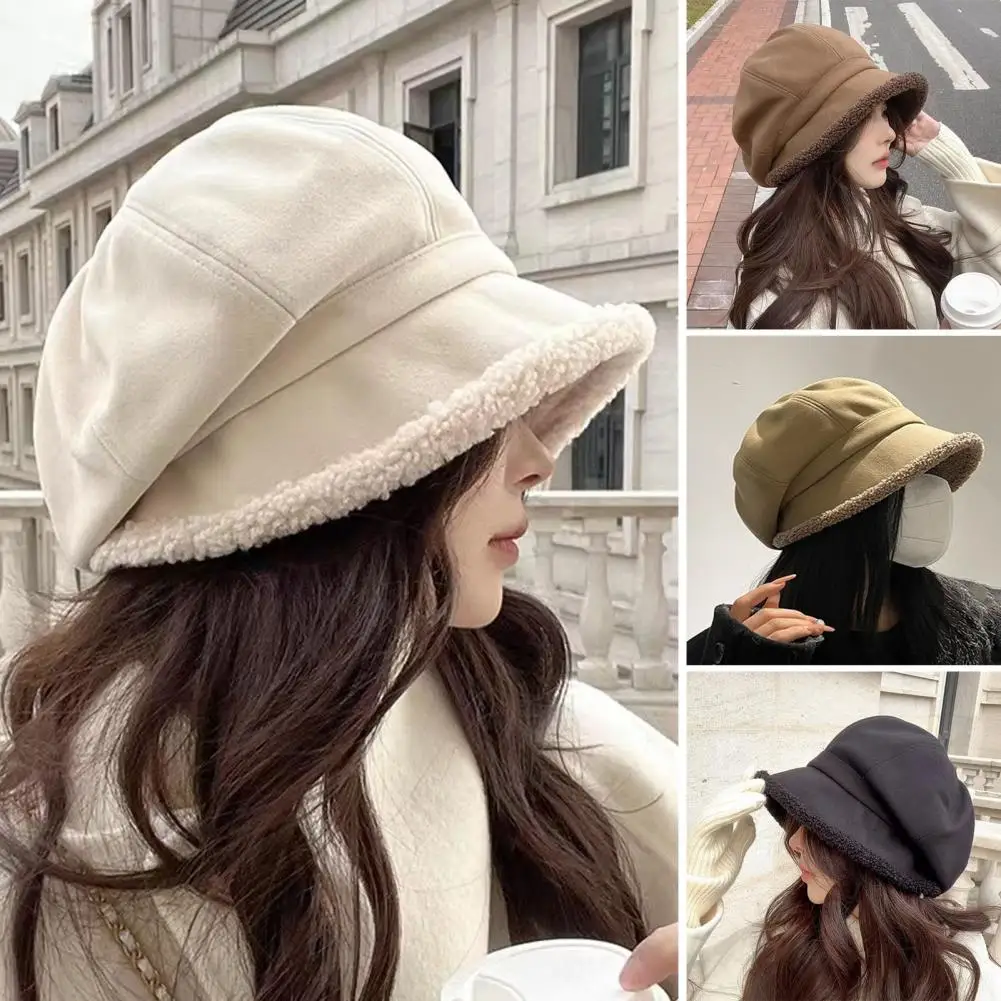 Plush Hat Stylish Windproof Beret Hat for Women Ultra-thick Weather Cap Autumn Winter Outdoor Headgear Solid Color Plush Beret