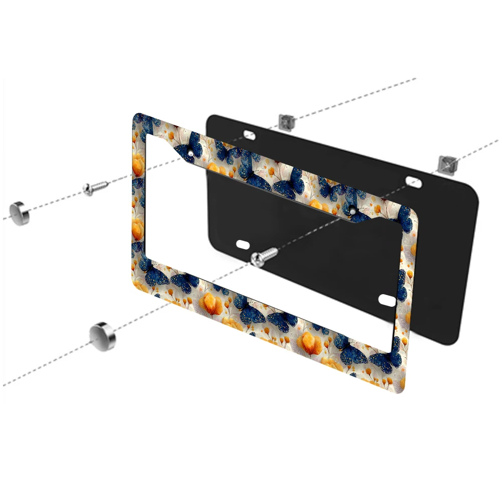 1 قطعة إطار لوحة ترخيص بفتحتين على شكل فراشة وزهرة زرقاء، مادة ألومنيوم، 6 × 12 بوصة، مع مجموعة براغي، مبتكرة قديمة #3