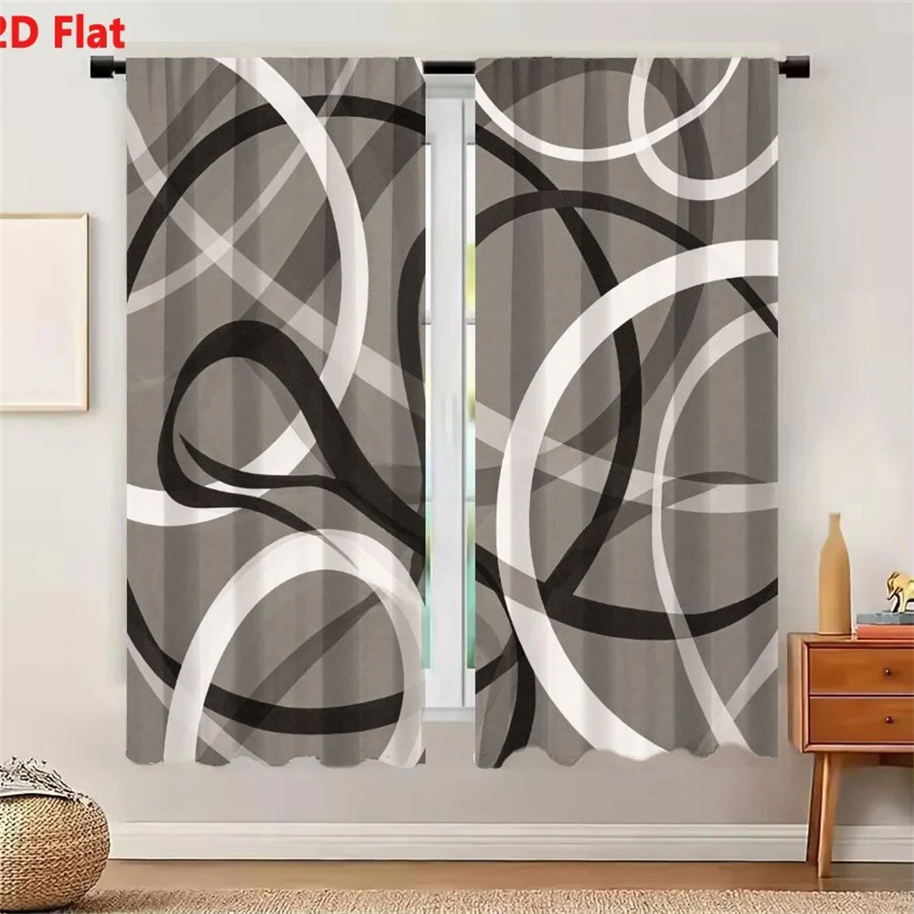 2Pcs Curtains 2D Flat Abstract Interwoven Curved Lines Black And White Light Gray Background Organic Dynamic Pattern With Loops