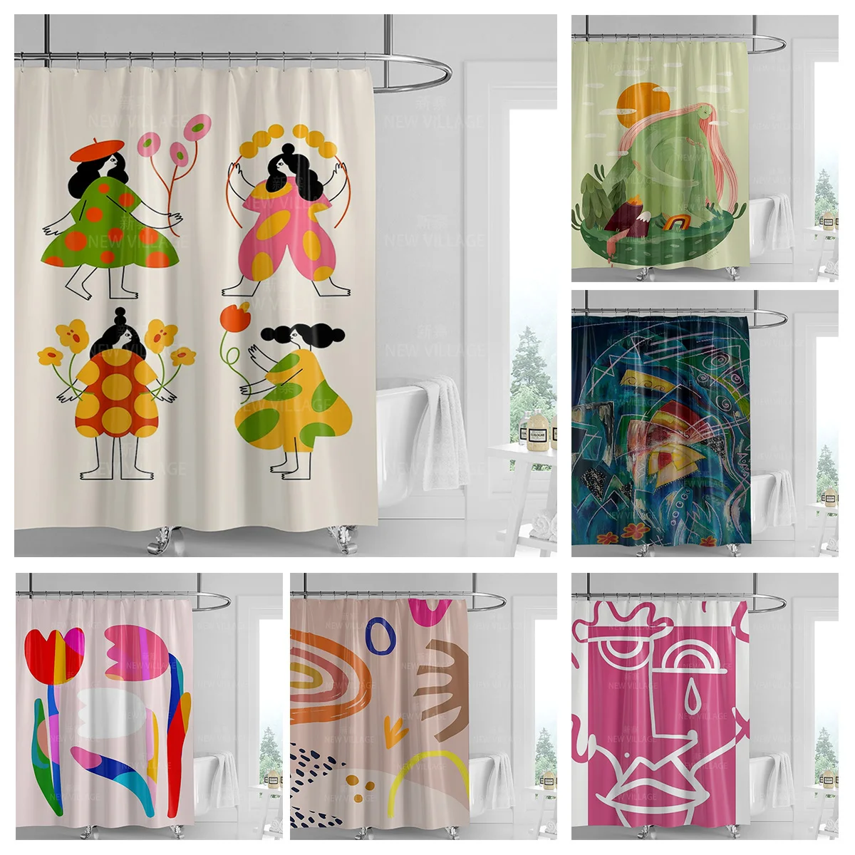 Abstract Bohemian Hand Drawn Figure Face Floral Art Printed Shower Curtain Waterproof Mildew Resistant With Plastic Hooks Easy M
