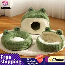 New Pet Nest Winter Warm Dog Den Cat Villa Plush Pets Mattress Small Frog Shape Semi Enclosed Kitten Puppy House Pet Supplies