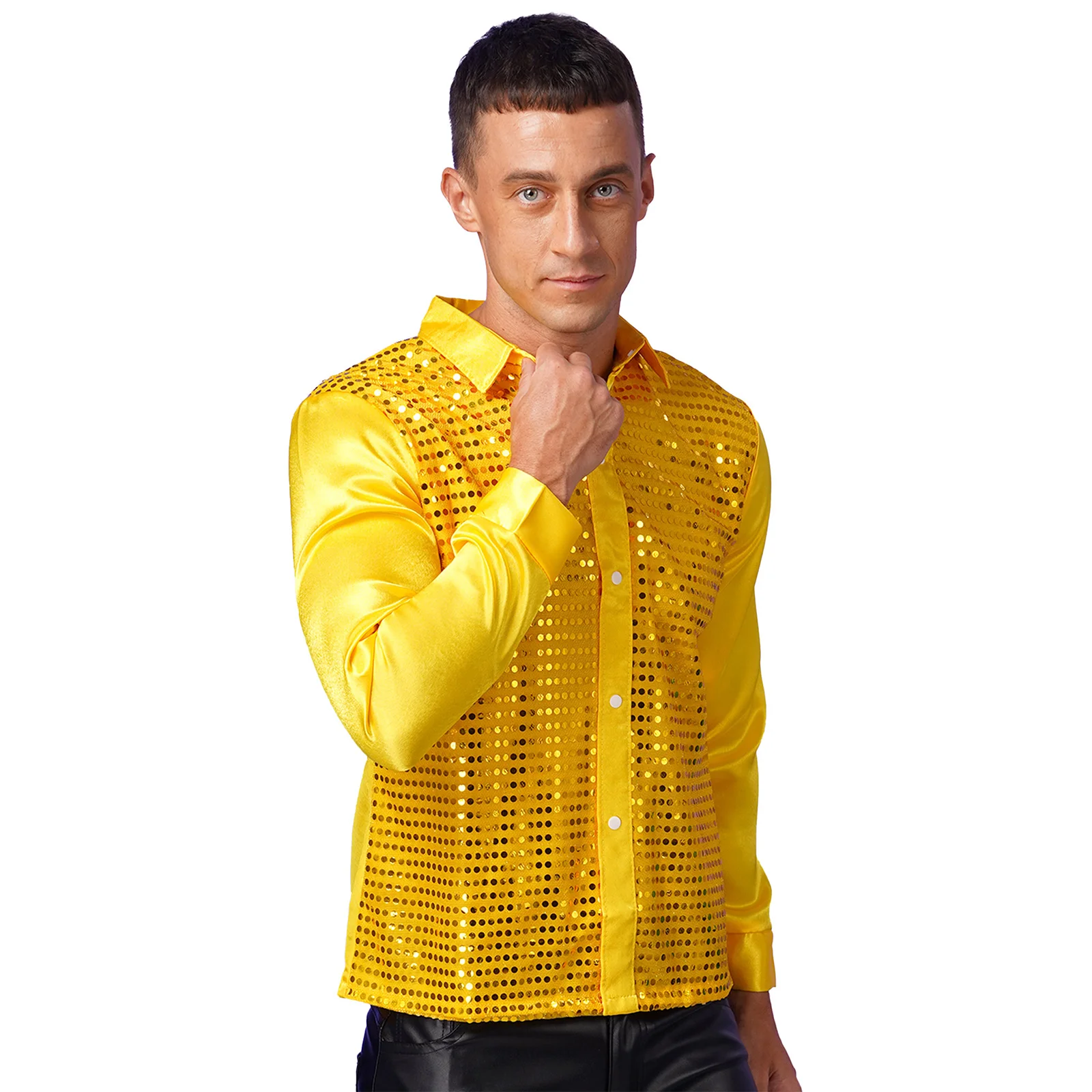 Men Long Sleeve Shiny Sequin Lapel Shirt Tops Jazz Latin Street Dance Pole Dancing Stage Performance Costume Clubwear Dancewear