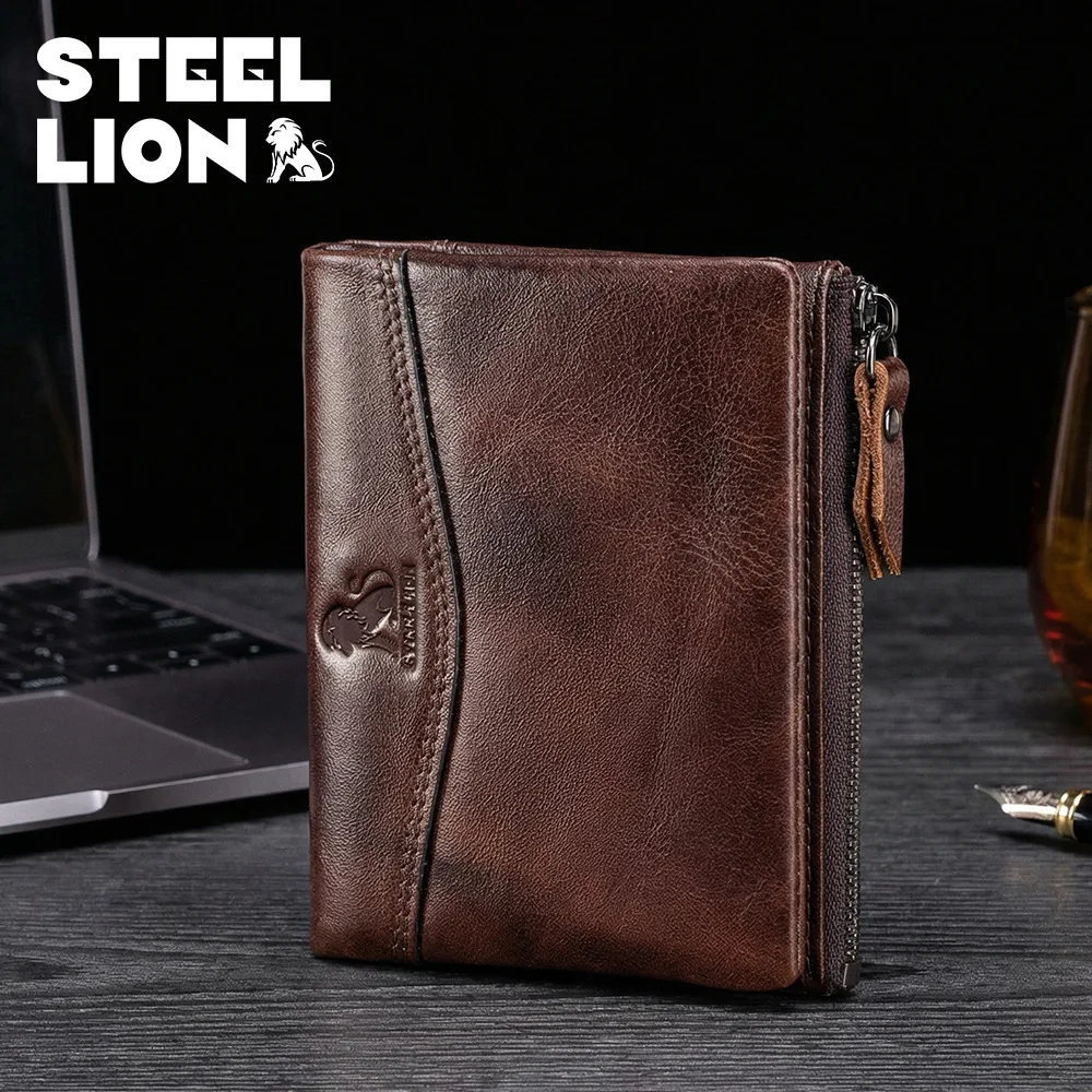Real leather portable men's short wallet multi-card security brush change multi-function business wallet
