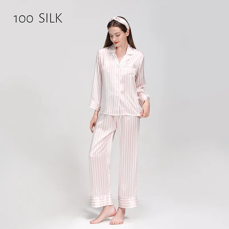 

100% Real Silk Sleepwear Women With Long Sleeve And Pants Pajama Set Striped Oversize Home Loungewear Clothes With Hair Band