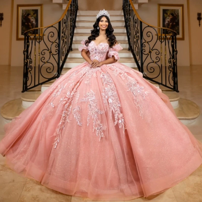 

Pink Shiny Princess Off the Shoulder Sweet 16 Dress Quinceanera Dresses Sequin Applique Lace Beading Bow Tull Party Birthday