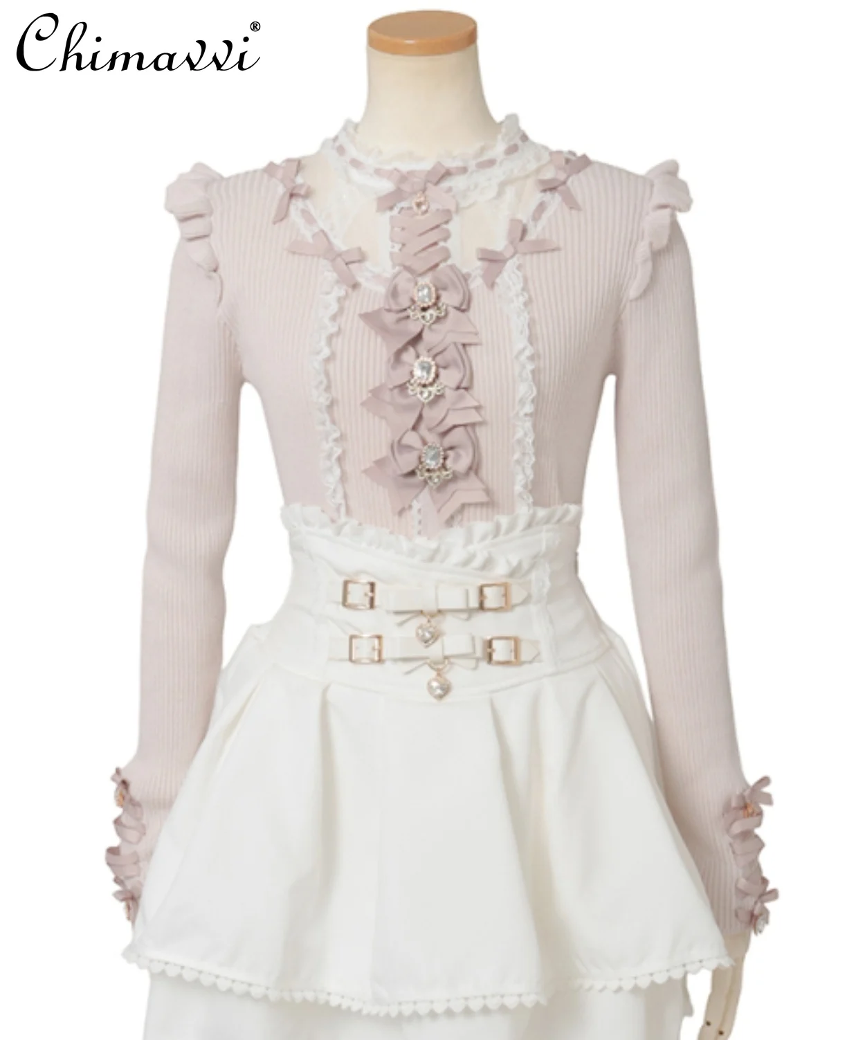 النمط الياباني ليز لطيف القوس الدانتيل المرقعة محبوك سترة الخريف جديد فتاة حلوة طويلة الأكمام أنيقة الأميرة سترة أعلى