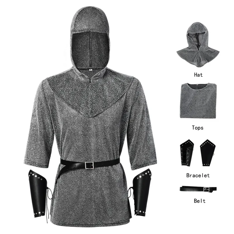 ❤2026❤ Anime Renaissance Faux Chain Mail Armor Tunic Shirt Coif Medieval Knight Cowl Crusader Costume Outfit Bracers Waist Belt❤ view 2