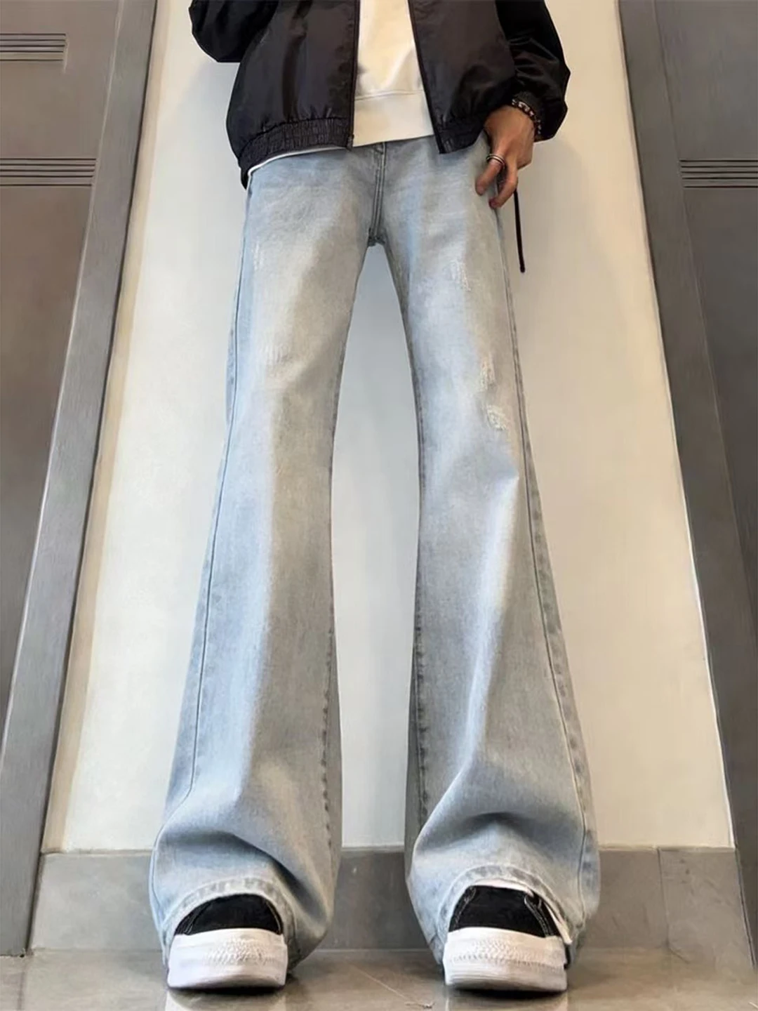 

Light Blue Washed Micro Flared Jeans Men's Lazy Style Loose Wide Leg Pants Leg Lengthening Knife Straight Tube Pants