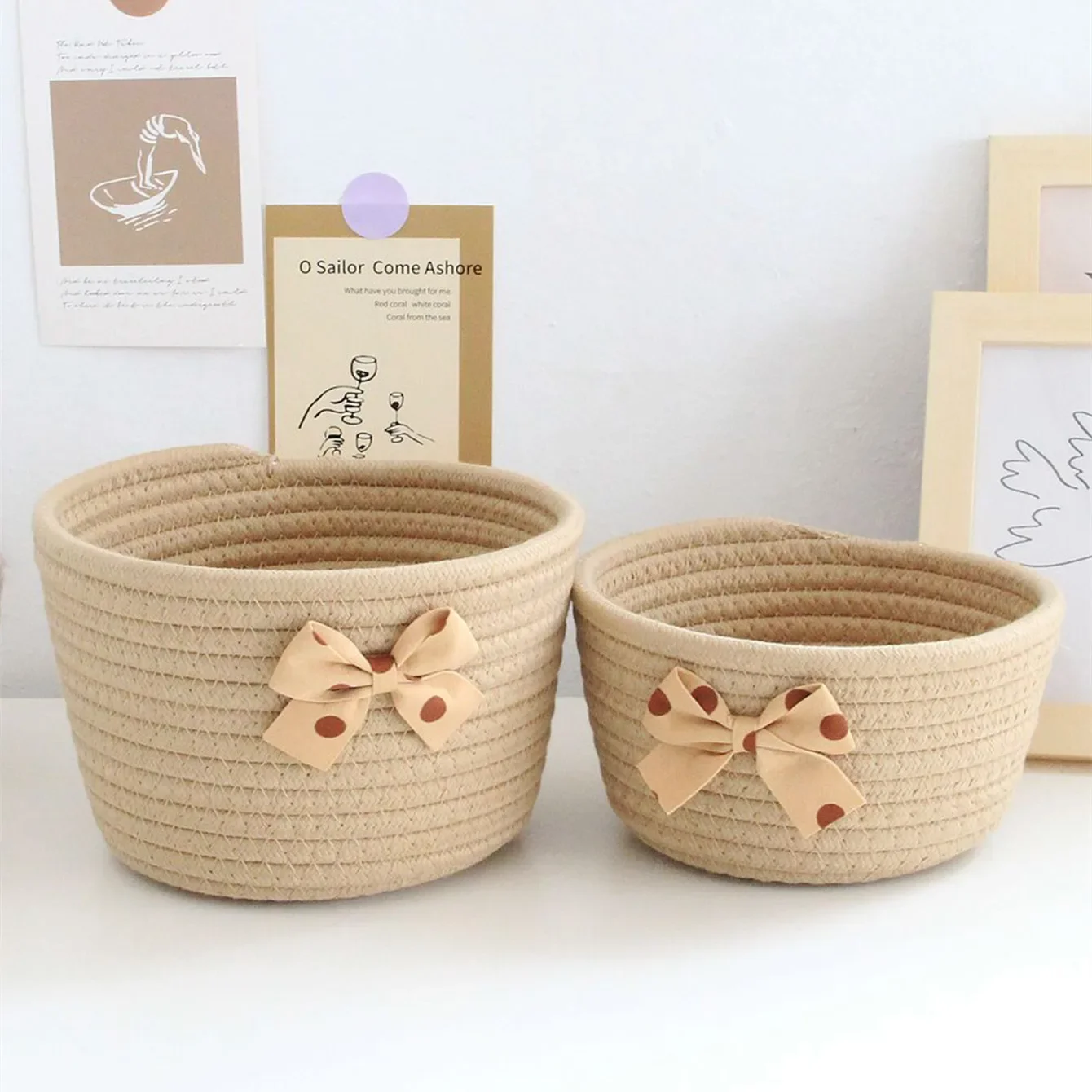 Cotton Rope Woven Storage Basket Fashion Bow Decoration Children\'s Toy Organizer Handmade Desktop Candy Snacks Sundries Boxes