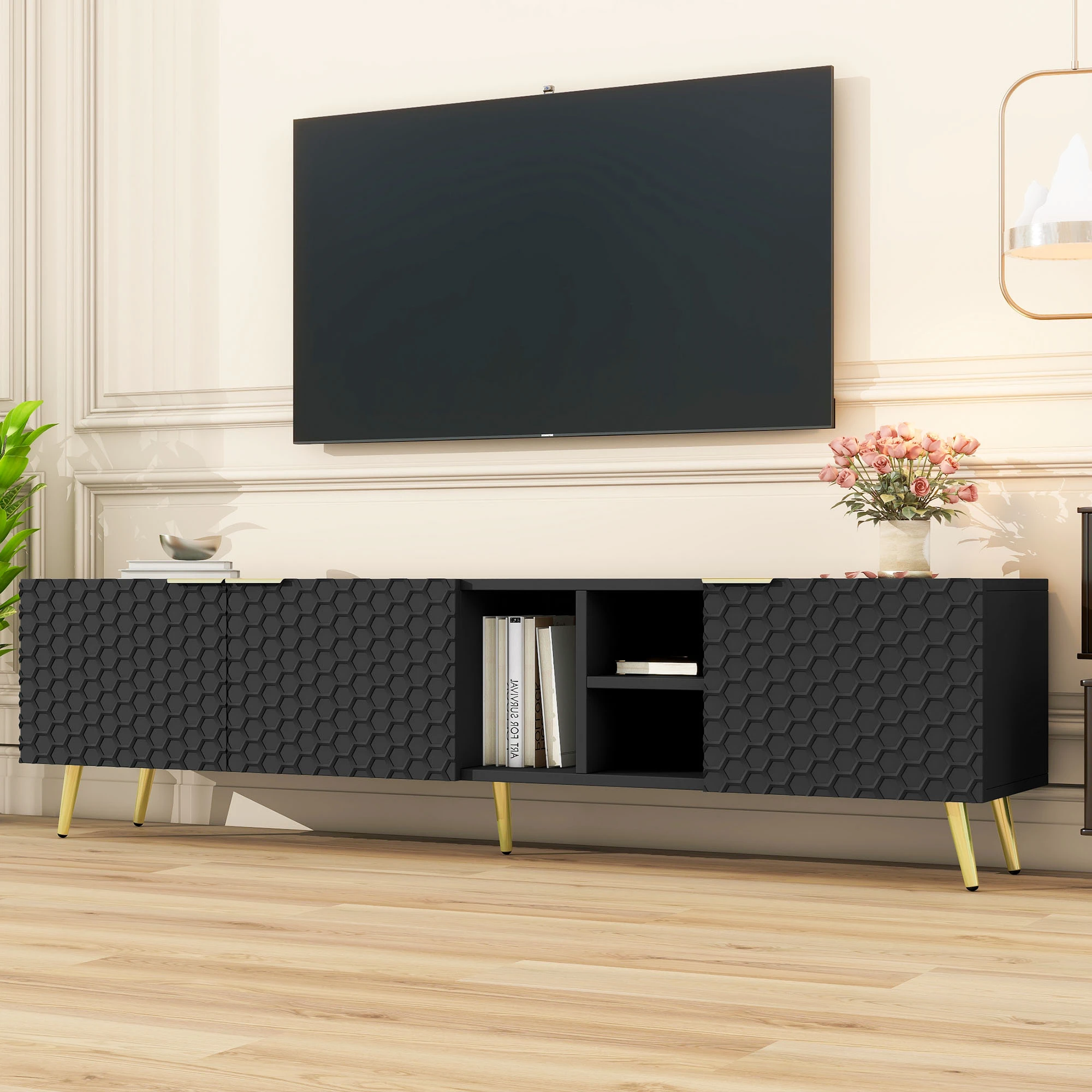 Modern Minimalist Geometric TV Cabinet with Metal Handles and Gold Legs for TVs Up to 80'', Multi-functional TV Stand with Stora