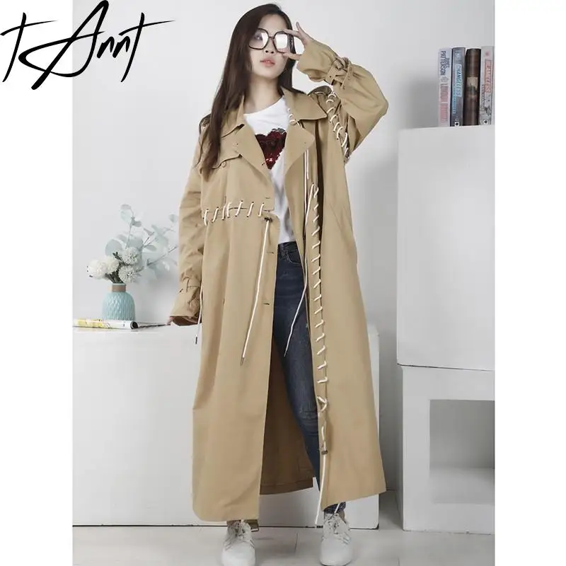 

TANNT Women Trench Coat Double Breasted Windbreaker Drawstring Oversized Loose Leisure Long Overcoat 2025