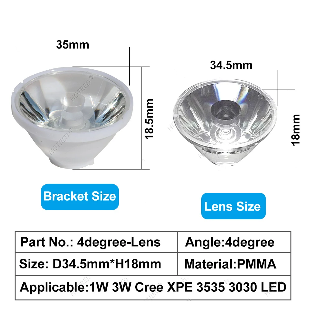 1W 3W 5W 4 Degree Focus LED Lens 3535 3030 XPE XPG2 35mm XPE2 Optical PMMA Clear Bead Plano Lens A beam of  Spotlight flashlight