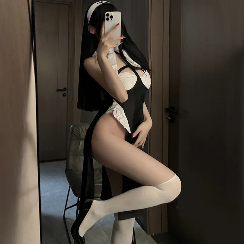 Sexy trajes de halloween mulher gótico oco para fora tentação freira vestidos véu adulto festa outfit roleplay paixão erótica lingerie