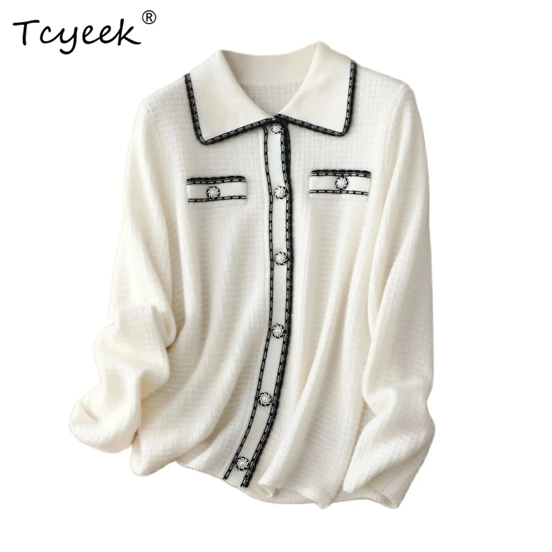 

Tcyeek, элегантные кардиганы из 100% чистого кашемира, женские пуговицы с лацканами, модный свободный вязаный свитер, осень-зима 2024, топы T48939QC