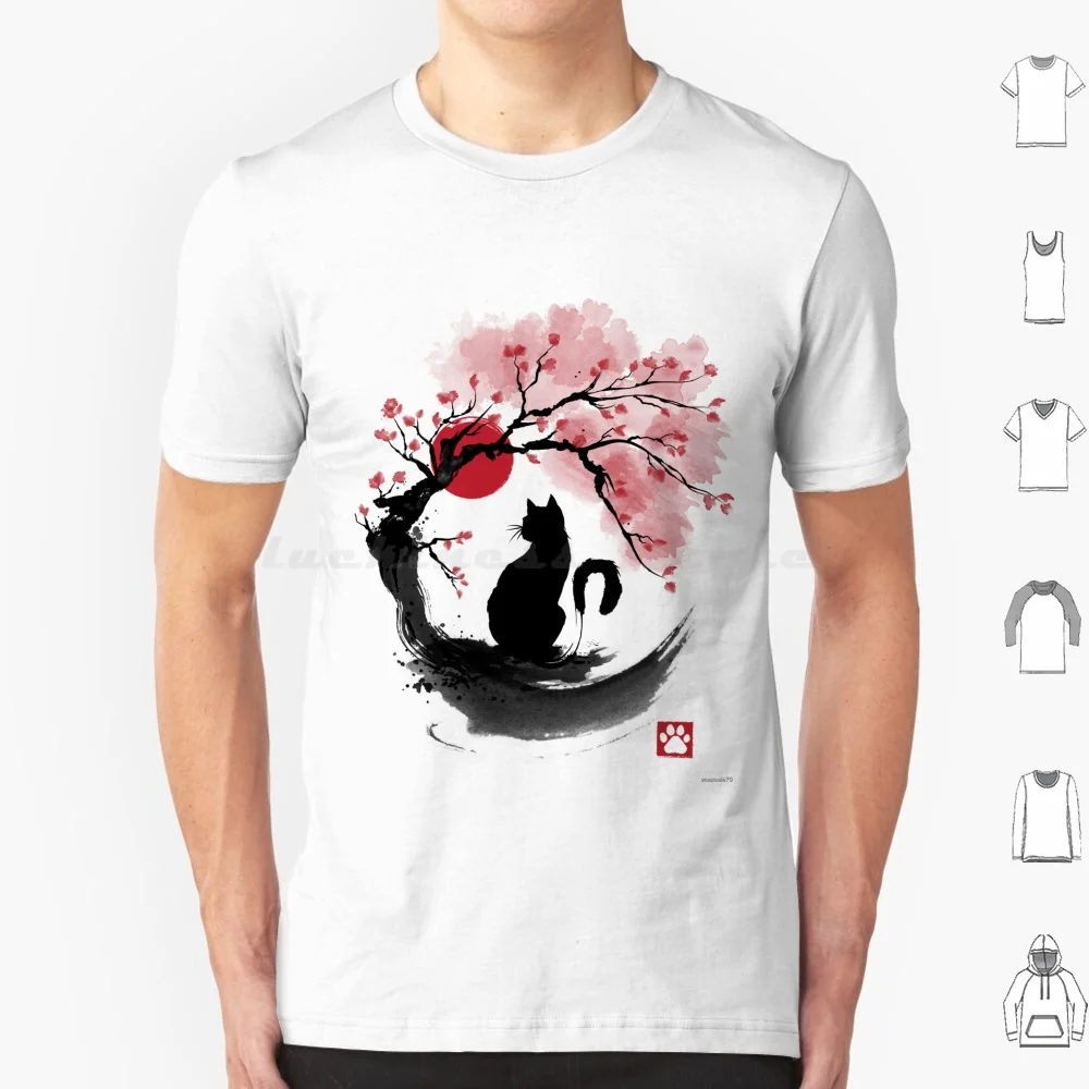 Camiseta Sakura Cat Sumi E de algodón para hombres y mujeres, estampado DIY, gatos, gatitos, árbol de Sakura, paisaje, flor de cerezo, arte japonés