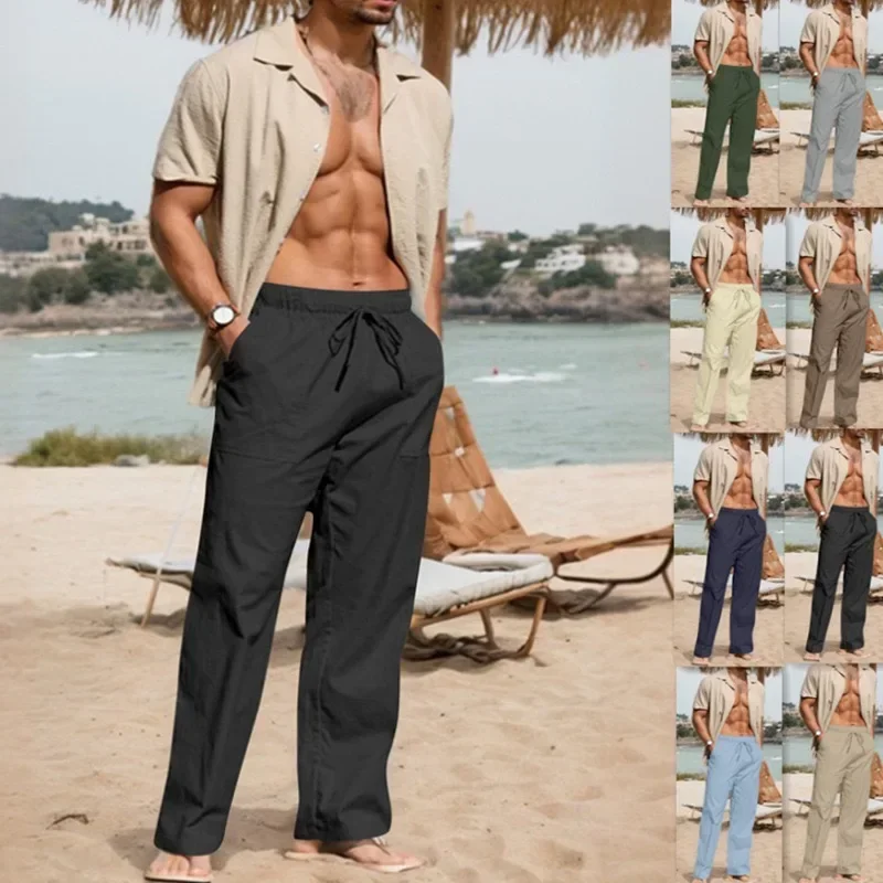 Lente en zomer heren katoen mode vrije tijd effen kleur ademend broek met rechte pijpen outdoor reizen vakantie strandbroek