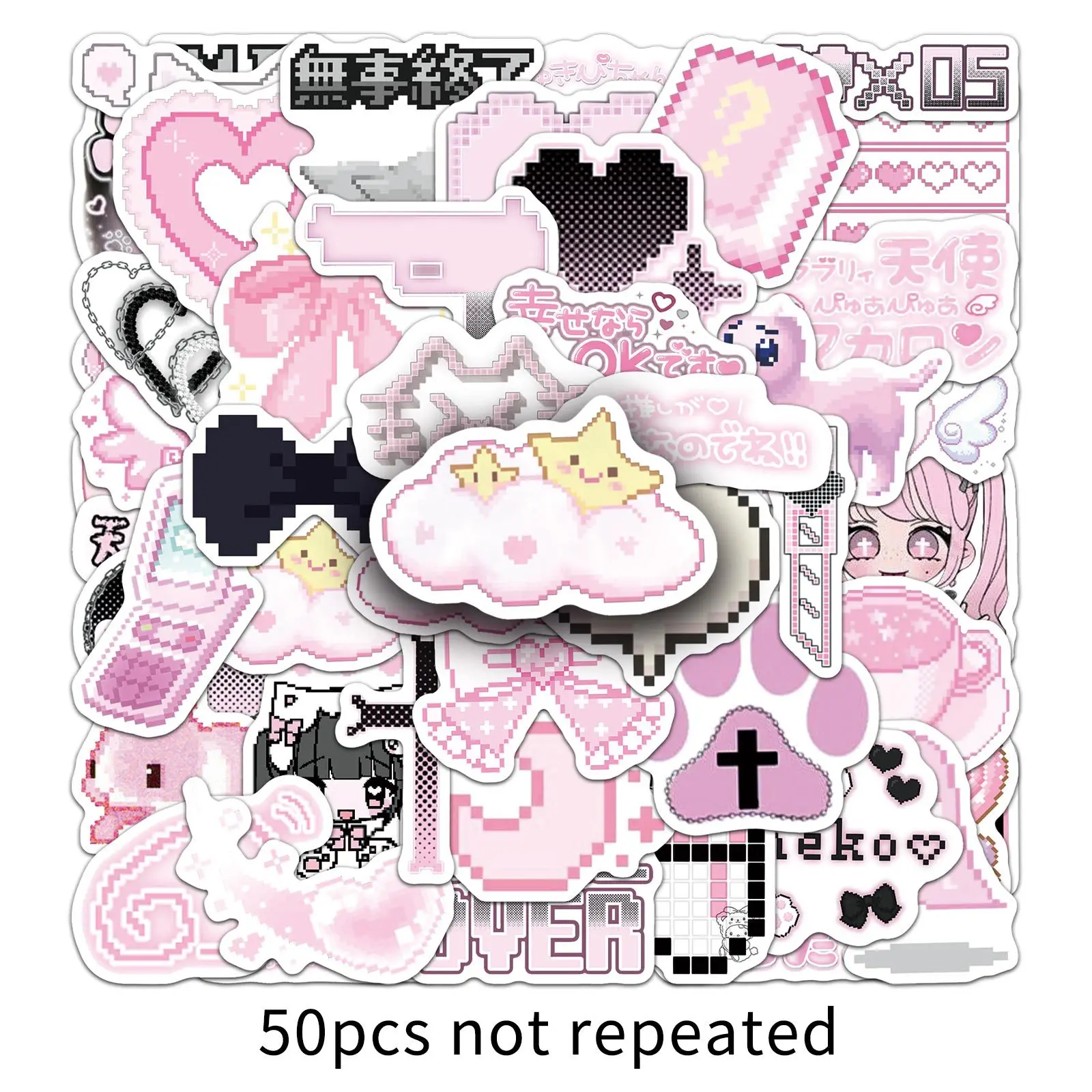 50PCS Pink Pixel Style Waterproof Japanese Girl Cute Object Stickers DIY Notebook Guitar Suitcase Mobile Water Cup Toys Graffiti