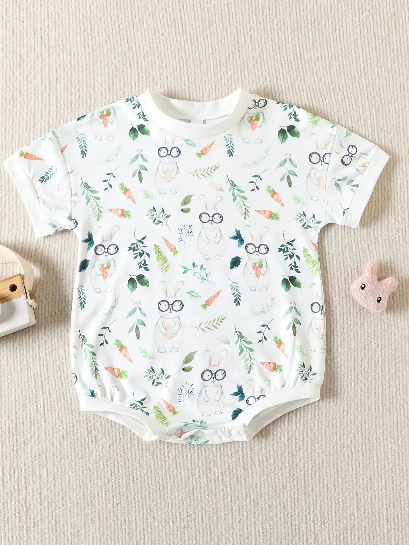 Cute Newborn Baby Easter Clothes Rabbit And Carrot Print Short Sleeve Cotton Boys Girls Toddler Romper