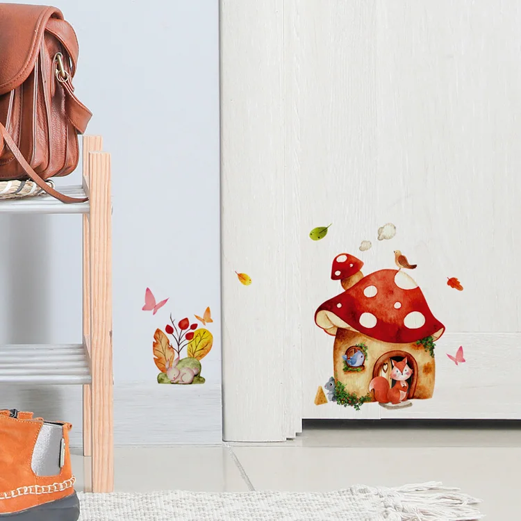 Cartoon Pilzhaus Wandaufkleber für Kinderzimmer Dekoration Wandbild Schlafzimmer Heimdekor Tapete Fuchs Hase Niedliche Tiere Aufkleber – Detail 2