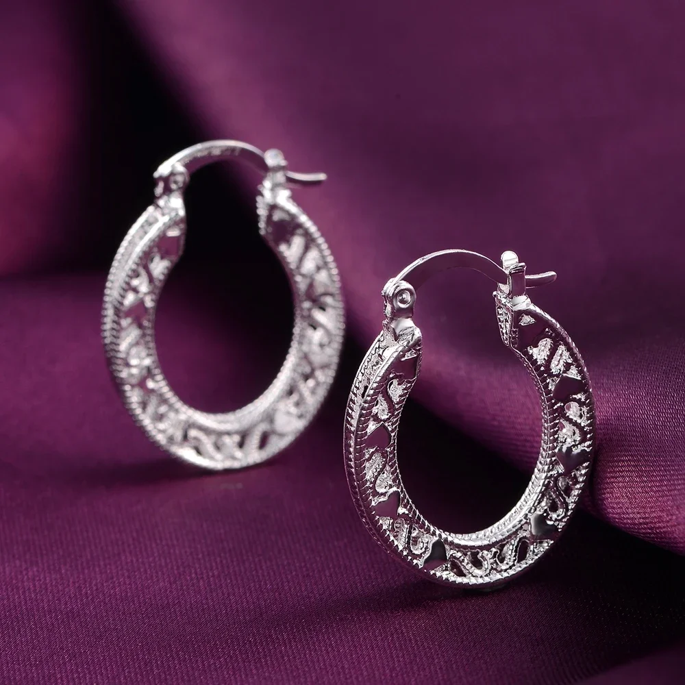 1Pair 925 Sterling Silver Earrings for Women Jewelry Exquisite Round Carved Wedding Heart  Christmas Gifts Party