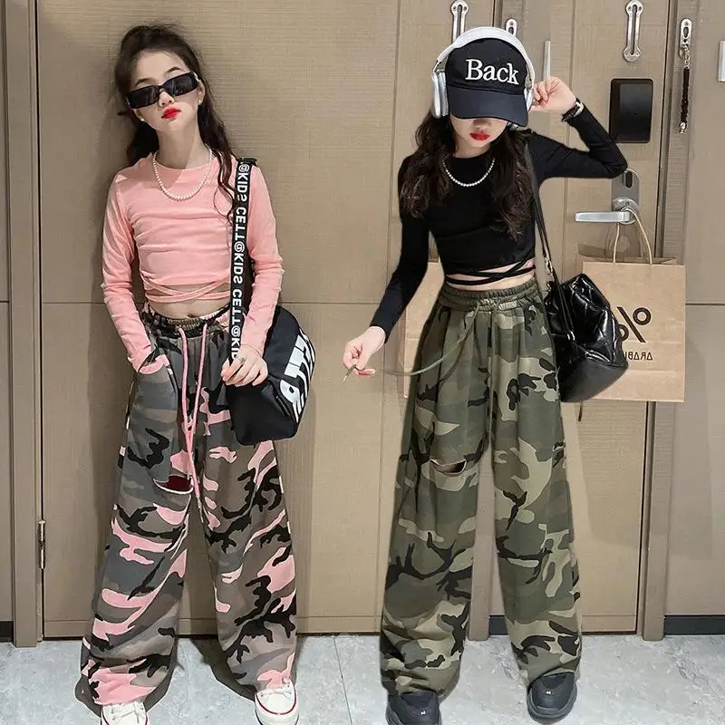 

Girls' Camouflage Straight Leg Casual Pants Summer New Big Boy Hip-hop Street Style Wide Leg Cargos Slimming Baggy Style Jeans