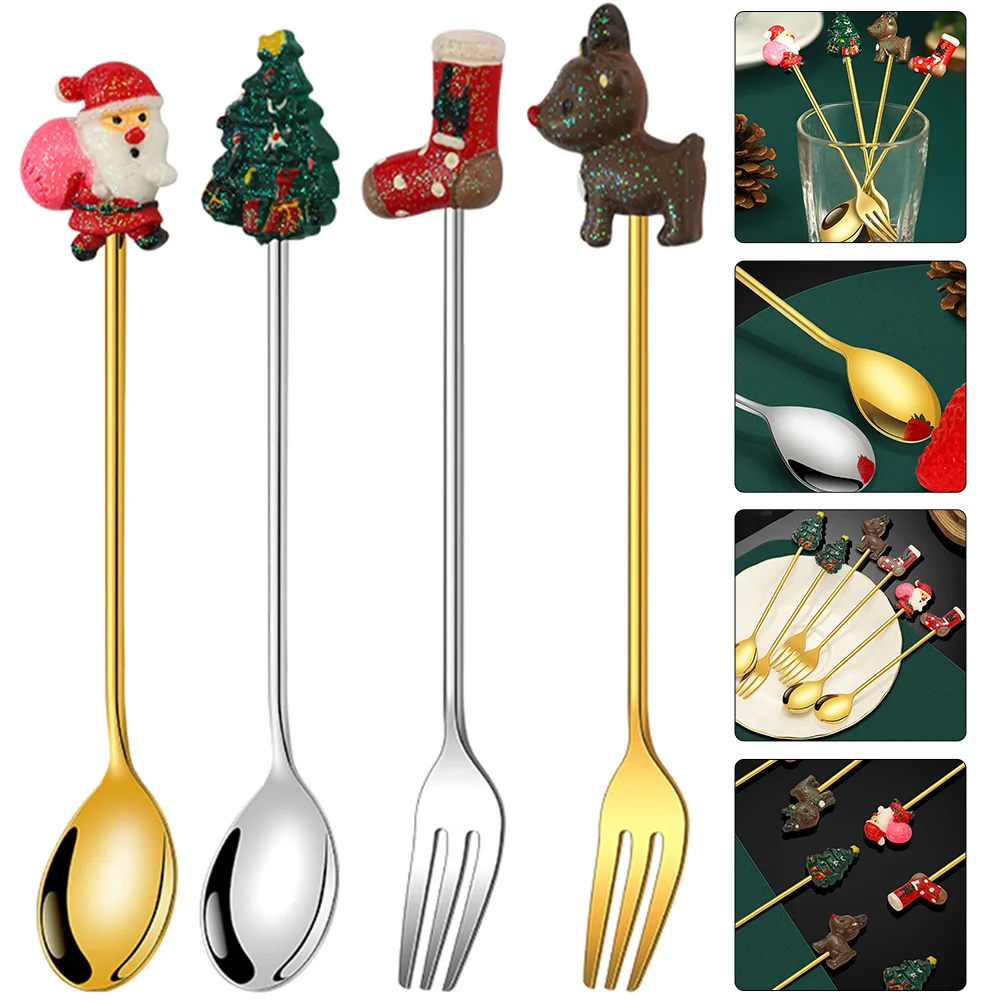 

Stainless Steel Coffee Spoon Fork Christmas Cutlery Spoons Metal Dinnerware Party Tableware Gold Decor Food Xmas Themed