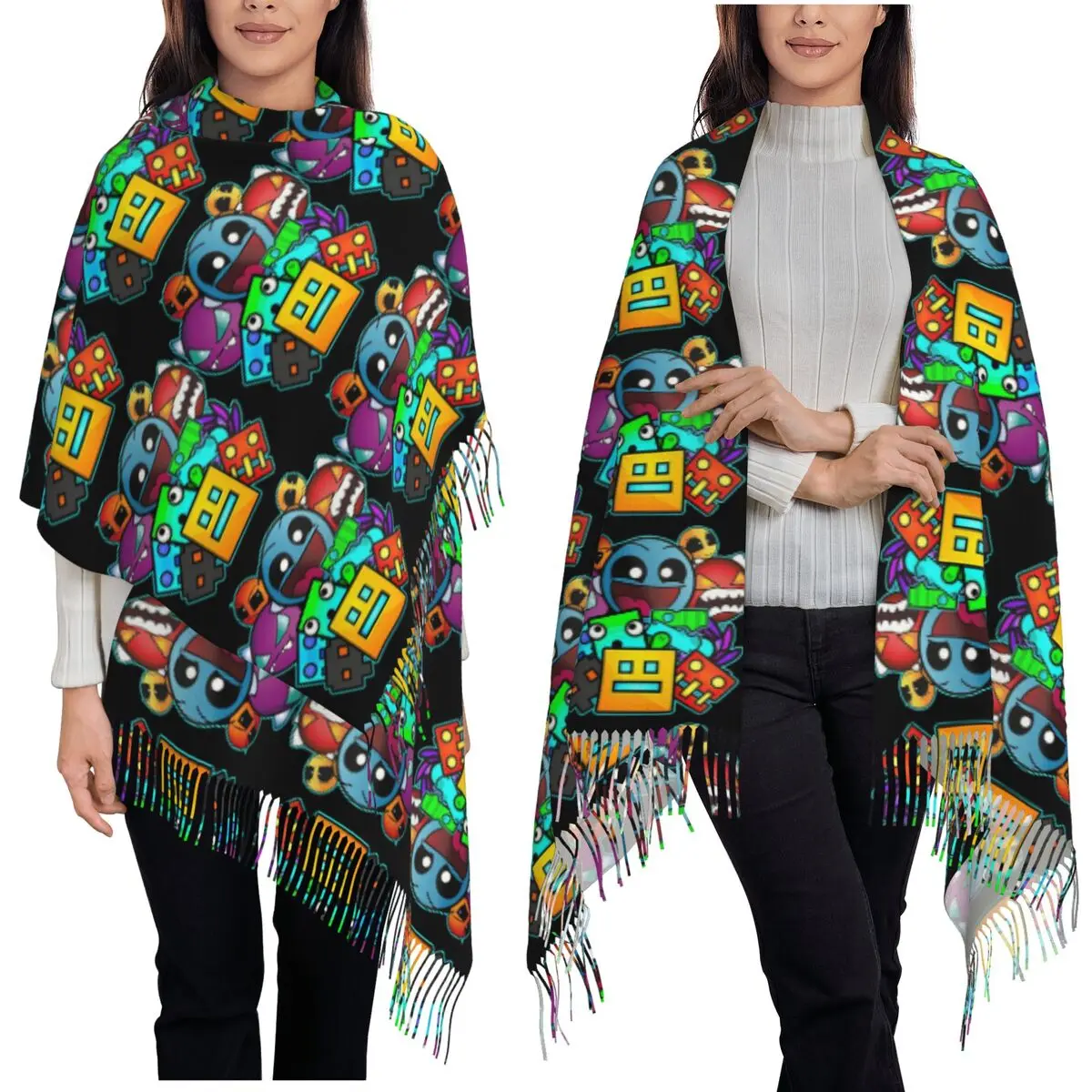 Geometry Dash Game Music Cute Geometric Scarf Tassel Scarves Women Soft Warm Shawls and Wraps Long Fall Winter Shawl Wrap