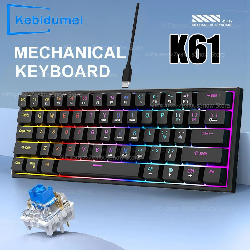 

61-клавишная механическая клавиатура, проводная игровая клавиатура для ноутбука, настольного компьютера, эргономика, RGB-подсветка, голубая ось, колпачки для клавиш, аксессуары для ПК