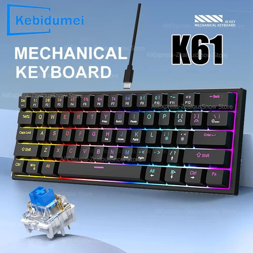 Teclado mecánico de 61 teclas, teclado para juegos por cable para ordenador portátil, ergonomía de escritorio, teclas de eje cian retroiluminadas RGB, accesorios para PC