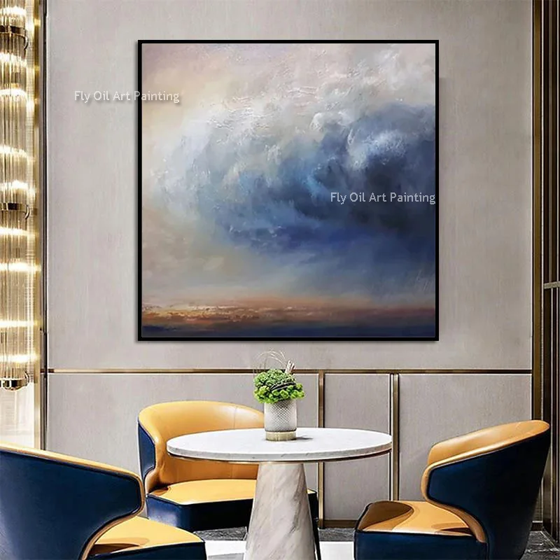 Blue Beige Brown Abstract Artwork Hand Painted Red Yellow Tree Landscape Oil Painting On Canvas Black Red Wall Art Decor