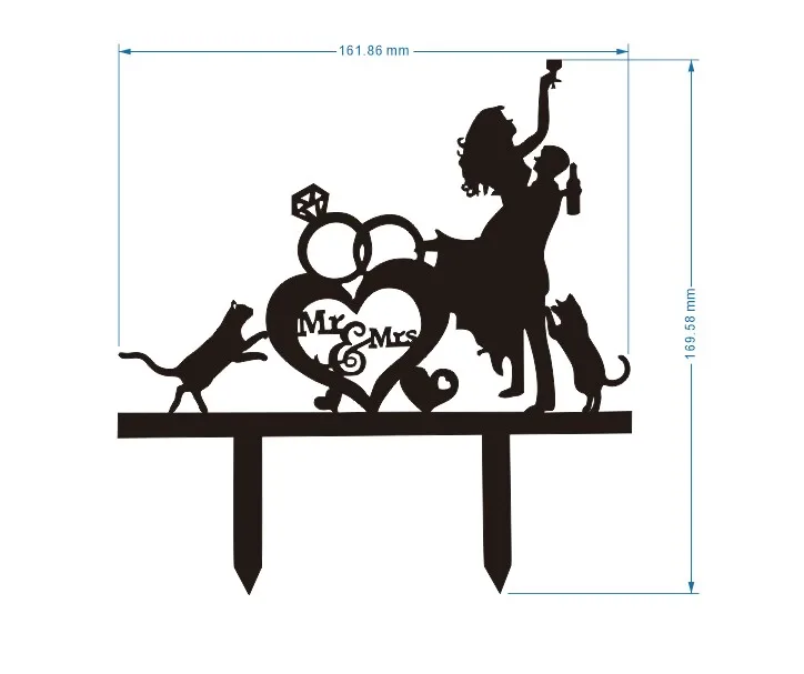 Wedding Cake Topper - Bride Hold Groom with Flowers Besides Two Pet Cats Silhouette Cake Decoration