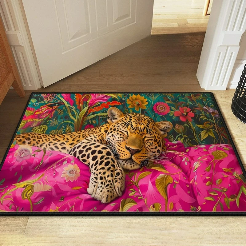 Vibrant Wild Meadow Flower Design Welcome Mat for Front Door Pink Leopard Flower Door Mat Indoor Floor Mat Spring Home Accent