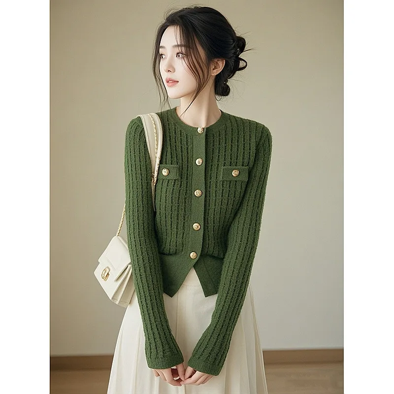 BOWEYLUN cárdigan de punto de manga larga de estilo coreano para mujer, moda de otoño, suéter verde informal, chaqueta para mujer