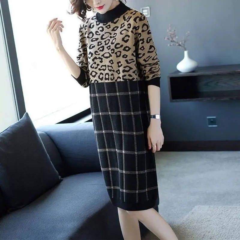 Abbigliamento donna mezzo collo alto abito longuette Chic Leopard Casual Patchwork Plaid stampato autunno inverno abiti dritti lavorati a maglia