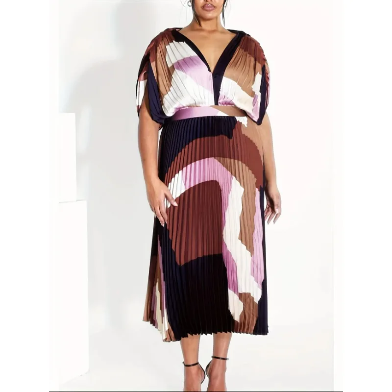 

Plus Size New Summer Women's V-Neck Elegant Off-Shoulder Geometric Print Dress Pleated Design Tie Waist Detail Dress