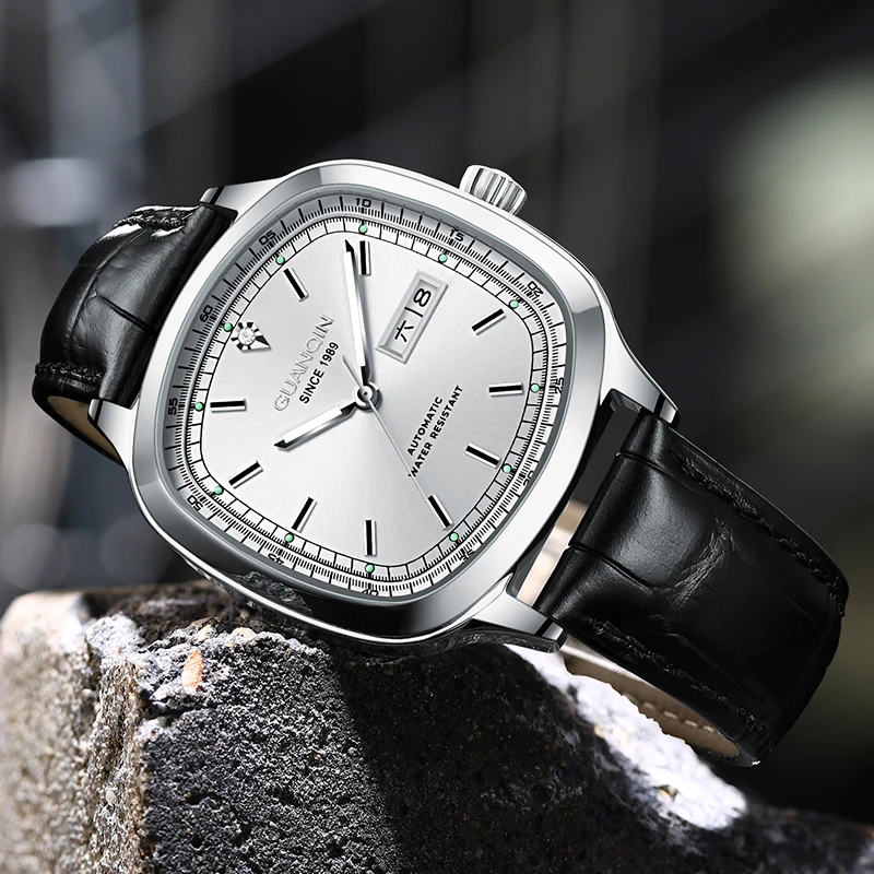Guanqin นาฬิกากลไกสำหรับผู้ชาย, นาฬิกาหรูสมุดแพลนเนอร์นาฬิกาแซฟไฟร์นาฬิกาชายสายหนังกรอบเหล็กนาฬิกาเรืองแสงกันน้ำ