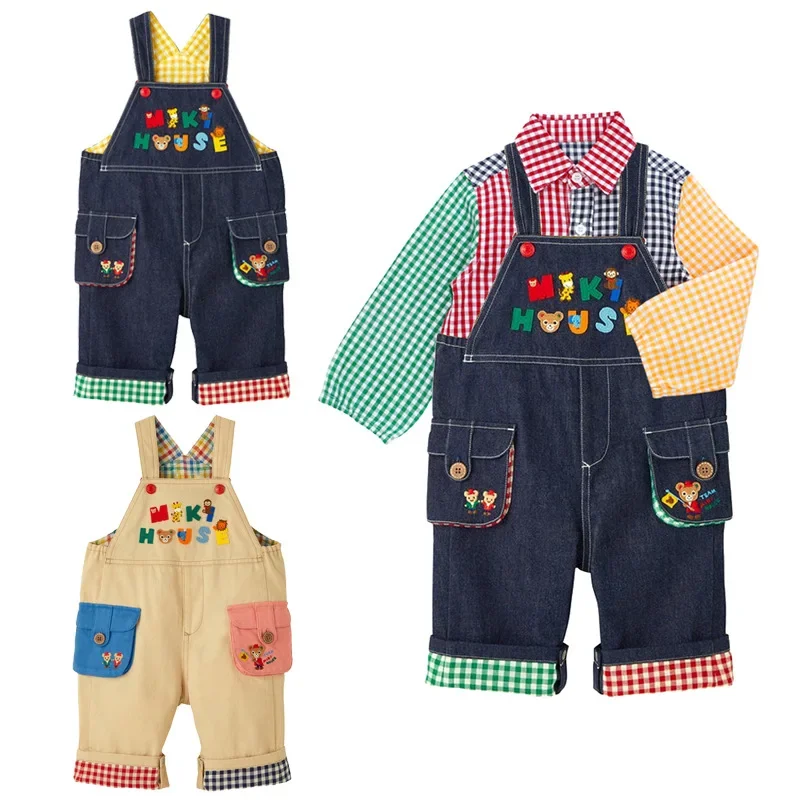 Children's Work Clothes Miki Kids Clothing Cartoon Bears Good Friends Patch Embroidery Pocket Suspender Pants Trousers