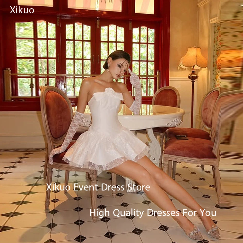 

Xikuo Fashion White Satin Prom Gowns Strapless Pleated Bespoke Occasion Evening Gowns Above Knee Cocktail Party Dress Customized