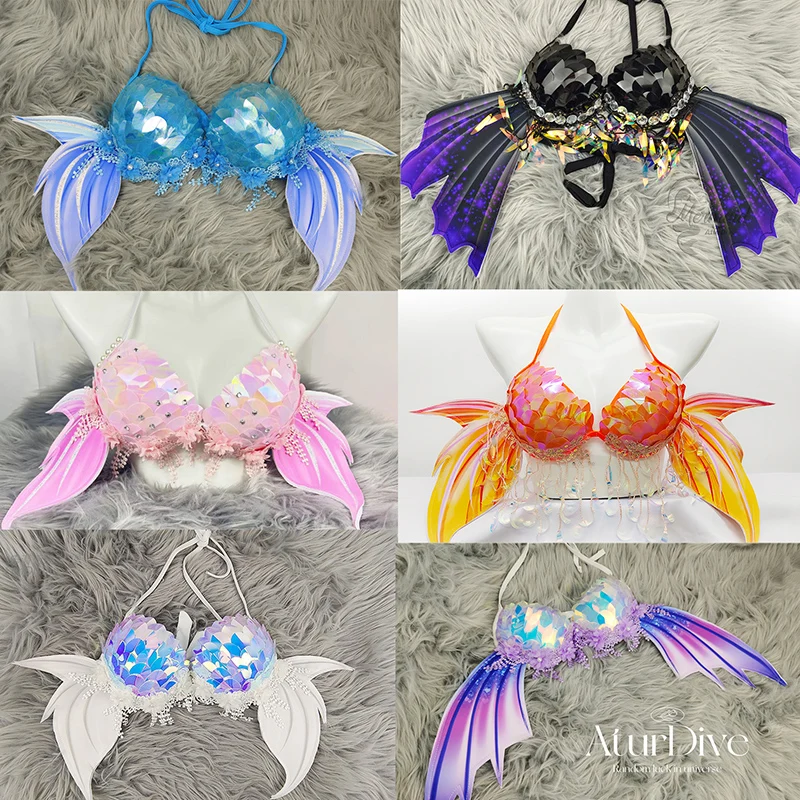 

Mermaid Diving Sequins Wings Corset Bikini Wrap Mermaid Performance Bar Electro Belly Dance Bra Cups